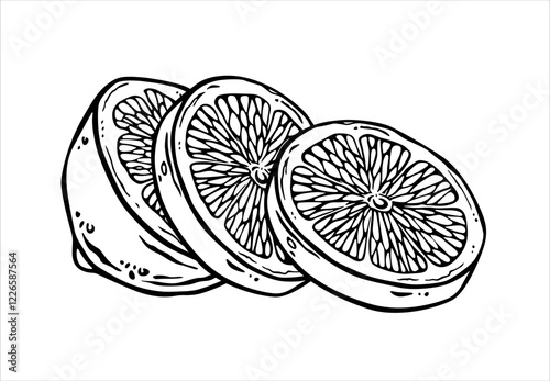 Lemon half sliced on pieces. Free hand ink drawing of citrus round slices. Black lines fruit sketch. Outline illustration in engraving style for menu, logo, printing, textile or utensil design photo