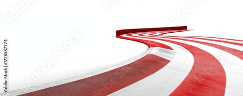 Red white striped race track curve, white background, speed concept