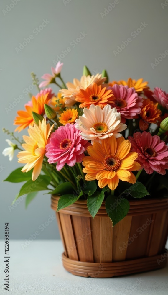 Fototapeta premium Brightly colored flower bouquet in a wooden basket, petals, blooms
