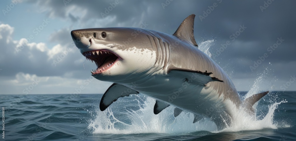 Fototapeta premium Great White Shark breaching the surface with a massive splash, aquatic, creature