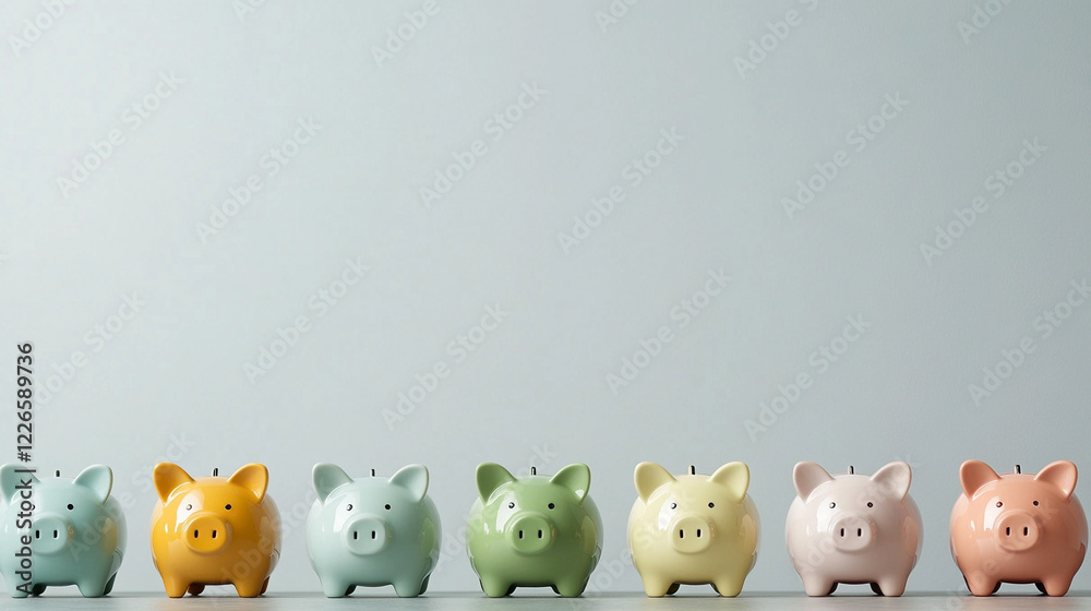 Colorful piggy banks lined up on a smooth surface Colorful piggy banks lined up on a smooth surface