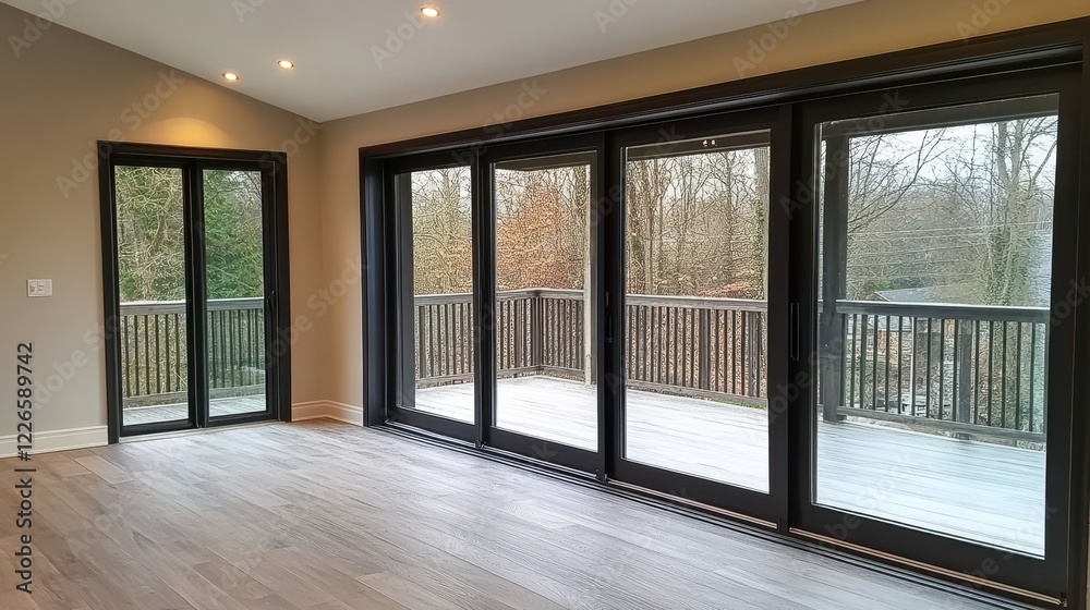 Fototapeta premium Modern Bright Living Room with Large Windows Overlooking Nature