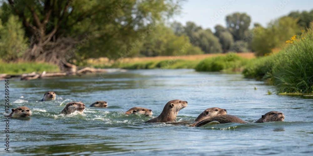 group of playful otters swimming in river, otter, otter family, wildlife group of playful otters swimming in river, otter, otter family, wildlife