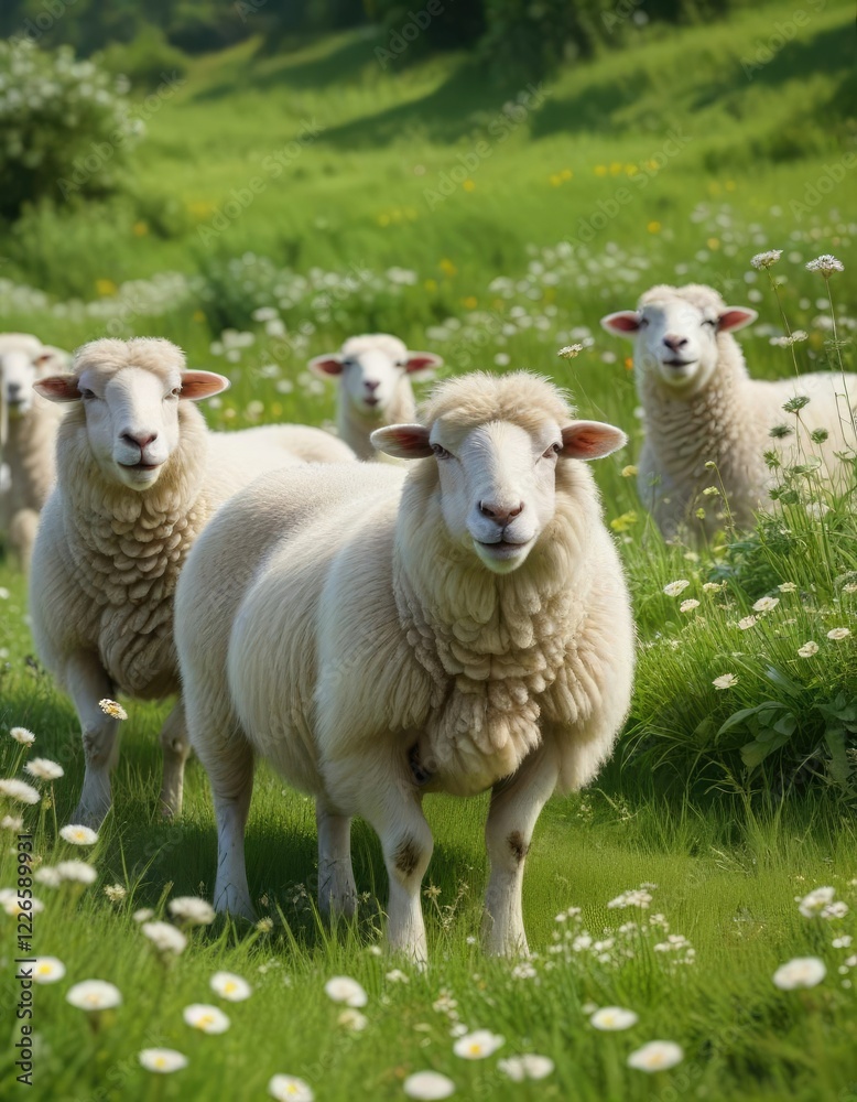 Fototapeta premium Group of white sheep standing together in a sea of lush green grass and flowers, community, unity, herd, landscape, standing
