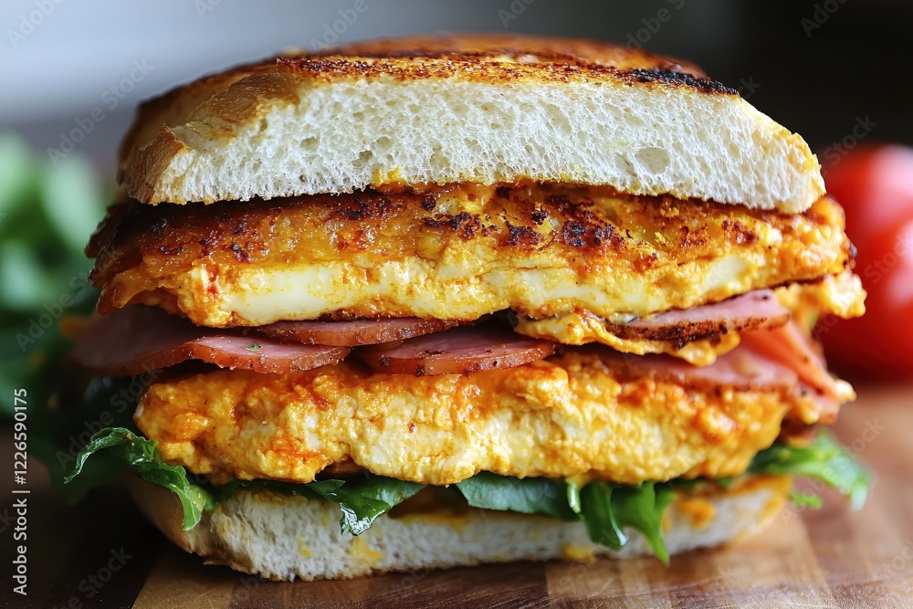 Delicious sandwich with egg ham and lettuce on a wooden board close up food photography Delicious sandwich with egg ham and lettuce on a wooden board close up food photography