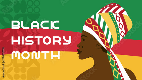 Banner for celebration of Black History Month. Dark-skinned woman in profile, shoulder-length. Hairstyle on dark curly hair. Scarf with national African pattern. Vector illustration isolated on white 