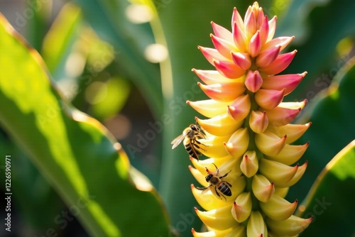 Banana yucca plant with blooming flowers and bees, succulent leaves, desert garden, sunlight photo