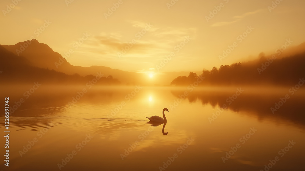 Naklejka premium Serene swan gliding across a misty lake at sunrise with golden reflections 