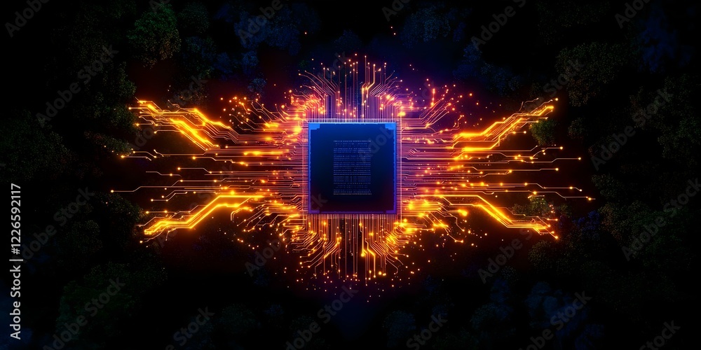 A futuristic microchip surrounded by vibrant, glowing circuit patterns and electronic connections against a dark background. Concept Futuristic Microchip, Glowing Circuit Patterns A futuristic microchip surrounded by vibrant, glowing circuit patterns and electronic connections against a dark background. Concept Futuristic Microchip, Glowing Circuit Patterns
