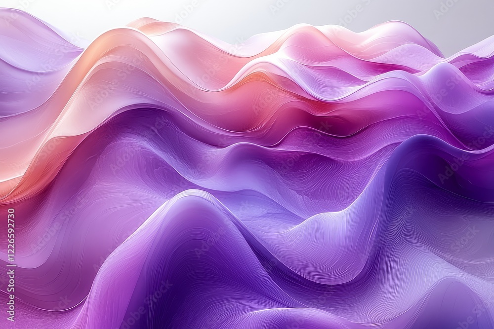 Fototapeta premium Abstract purple and white fluid shapes in 3D rendering, close-up of flowing liquid forms on grey backdrop, smooth curves, surreal digital art style.