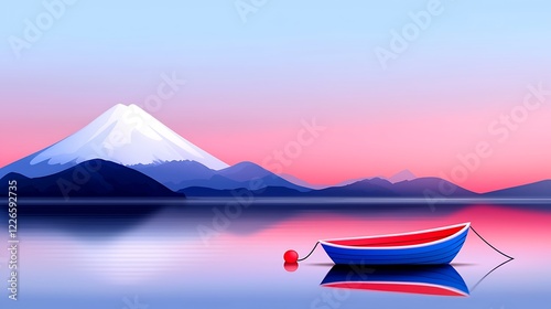 Pixel Art Sunset Landscape A Red And Blue Boat on a Calm Lake with Mountain Reflection