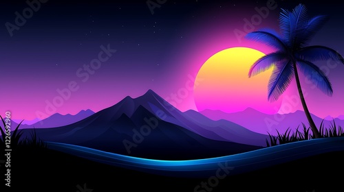 Pixel Art Tropical Sunset Landscape with Palm Tree and Mountains
