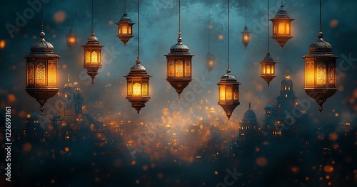 Illuminated Lanterns Hanging Against Mystical Blue Background with Floating Particles


