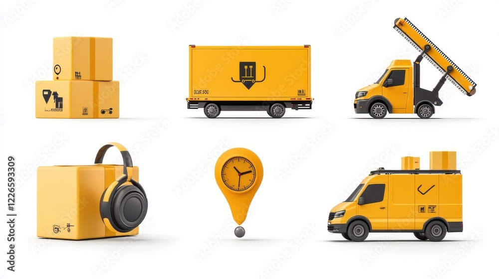 Efficient delivery solutions logistics icons representing cargo transport in urban environments infographic collection on standard vehicles and equipment Efficient delivery solutions logistics icons representing cargo transport in urban environments infographic collection on standard vehicles and equipment