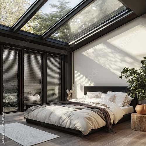 A sophisticated loft-space bedroom set under an angled