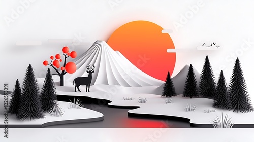 Pixel Art Winter Sunset Landscape with Deer and Mountain