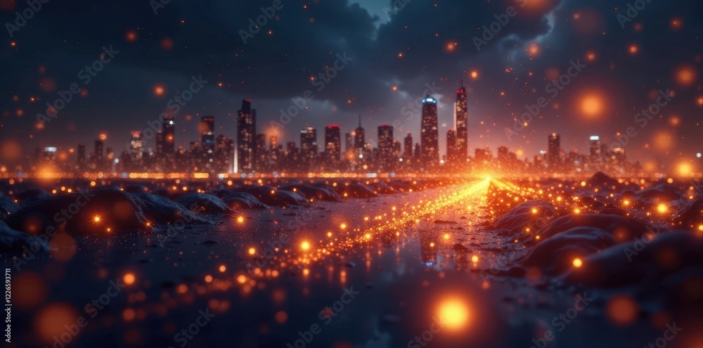 Fototapeta premium Golden sparkles dance in a futuristic cityscape at night , tech, sparkles, neon