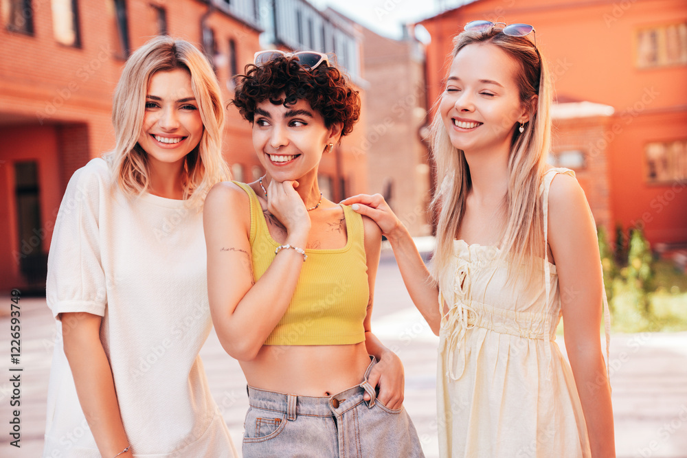 Three young beautiful smiling hipster female in trendy summer stylish clothes. Sexy carefree women posing in the street. Positive models having fun, hugging and going crazy, in sunny day
