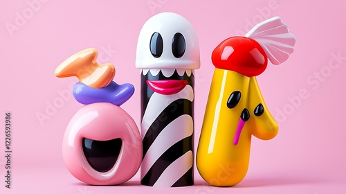 Playful 3d Render of Cartoon Characters on Pink Background