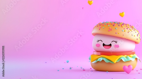 Playful 3d Render of a Cute Smiling Burger with Sprinkles and Hearts