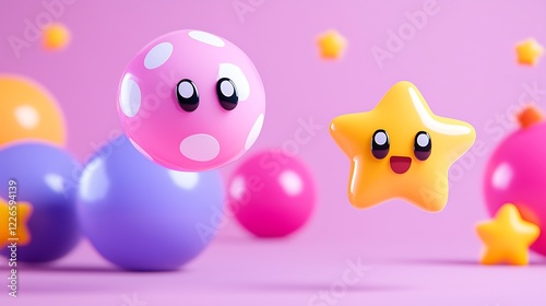 Playful 3d Render of Cute Cartoon Characters and Stars