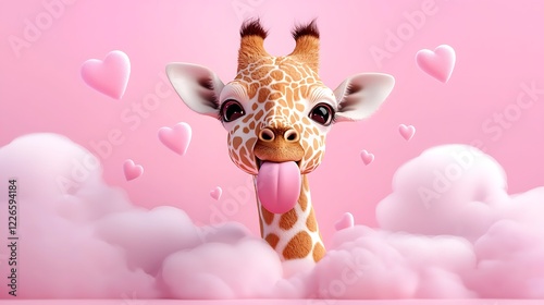 Playful 3d Render of Cute Giraffe with Pink Hearts and Clouds