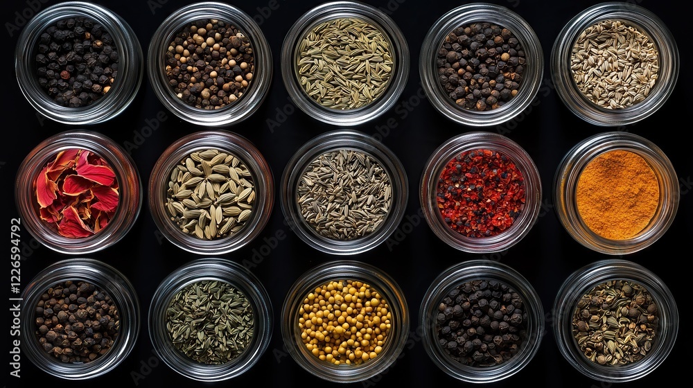 Top view of a lot of glass jars filled with all kinds of spices and different types of herbs, on solid black background Top view of a lot of glass jars filled with all kinds of spices and different types of herbs, on solid black background