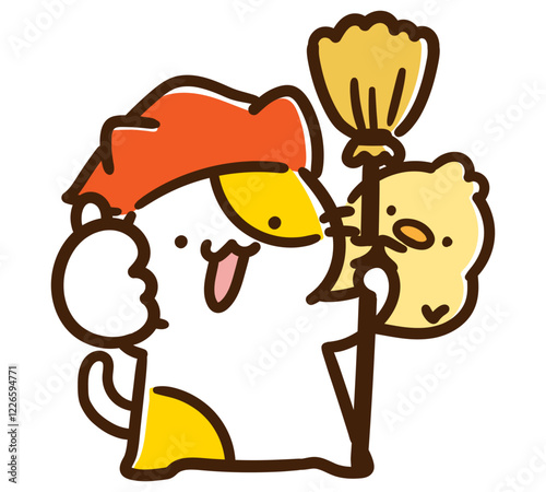 ホウキを持って掃除をするかわいいねことひよこのデフォルメイラスト