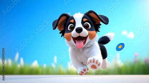 Playful Puppy Running Towards the Camera in a Sunny Field