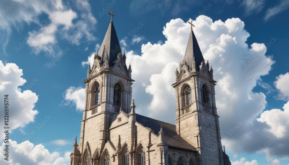 Gothic church tower with a clear blue sky and fluffy white clouds, architecture, gothic, nature Gothic church tower with a clear blue sky and fluffy white clouds, architecture, gothic, nature