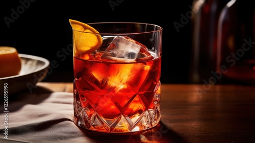 Classic negroni cocktail with orange slice and ice in crystal glass