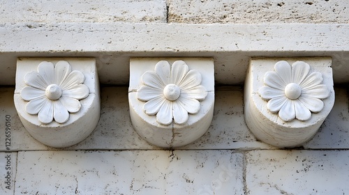 Decorative architectural elements featuring floral motifs on a building facade. photo