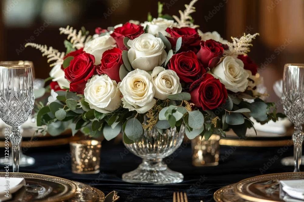 Obraz premium Opulent Red Floral Centerpiece Elegantly Gracing the Room, Adding a Touch of Luxury and Elegance