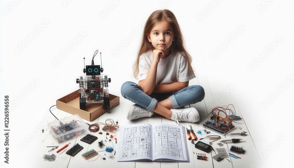 Young girl engaged in robotics experimentation at home educational setting creative environment Young girl engaged in robotics experimentation at home educational setting creative environment