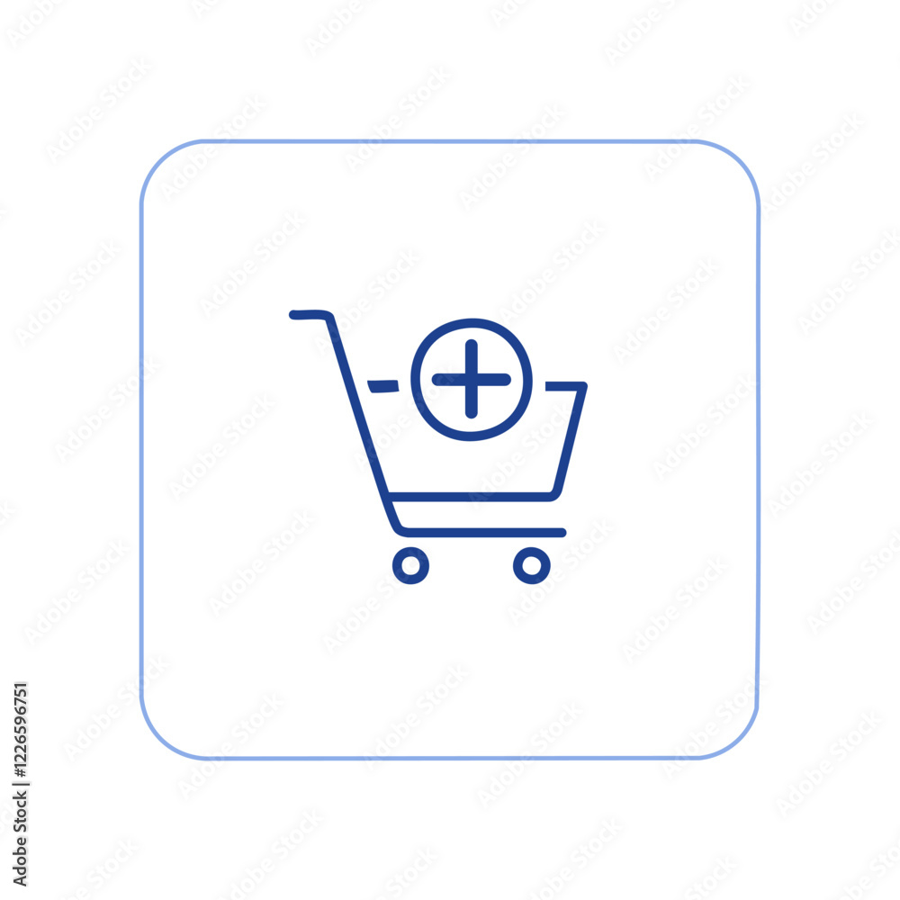 Shopping cart with plus sign. Add to cart icon. Flat design style. Shopping cart with plus sign. Add to cart icon. Flat design style.