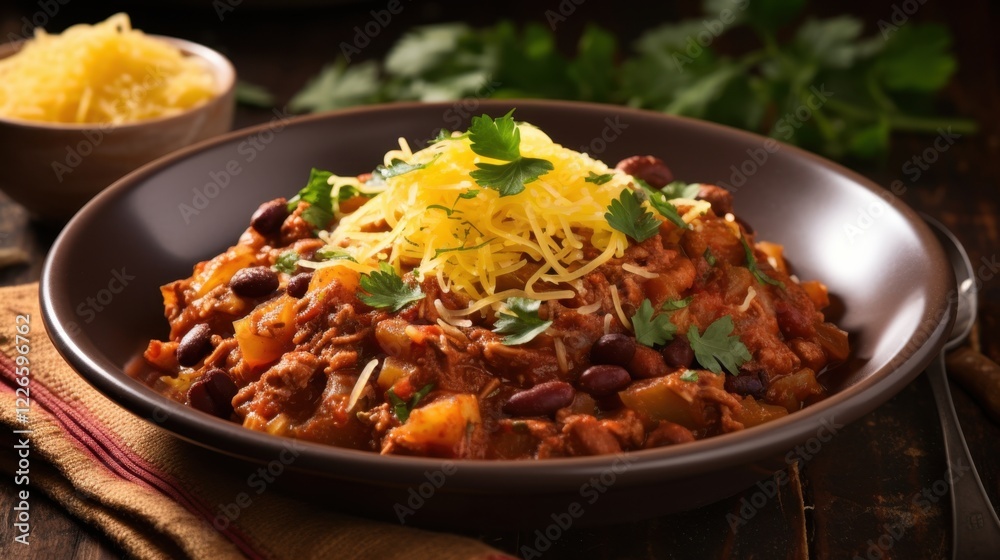 Homemade spicy beef and bean chili with grated cheese and fresh cilantro garnish Homemade spicy beef and bean chili with grated cheese and fresh cilantro garnish
