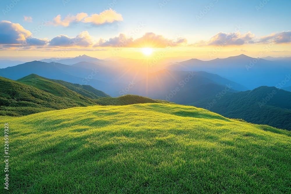 Fototapeta premium Stunning sunrise over mountains with vibrant green grass, lush scenery, and warm sunlight casting a glow on the landscape.