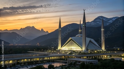 Fototapeta Naklejka Na Ścianę i Meble -  A picturesque dusk view of the Faisal Mosque in Islamabad