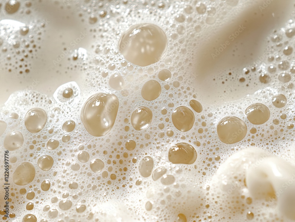 Close up of bubbly foam with many droplets in a light brown color and a smooth texture Close up of bubbly foam with many droplets in a light brown color and a smooth texture