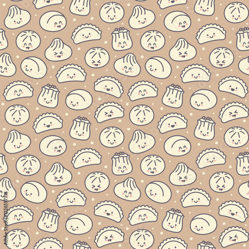 Seamless background with flat Chinese kawaii dumplings. Xiao Long Bao, Siu Mai, Baozi
