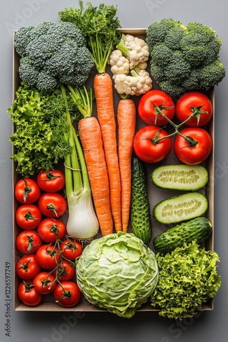 A various vegetables and herbs, an assortment of green vegetables like broccoli, cucumber, and cabbage interspersed with red tomatoes and a carrot, The layout is symmetric and aesthetically pleasing. photo