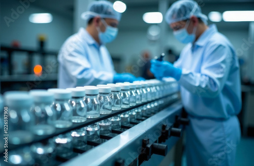  Close up glass vials line up on an automated conveyor in  pharmaceutical manufacturing plant.  Workers in protective gear ensuring quality  laboratory  in Pharmaceutical Manufacturing Plant.