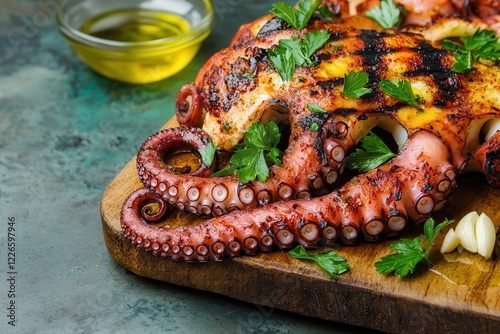 Grilled octopus and hearty seafood stew with tender octopus pieces. Grilled octopus served with herbs and olive oil on a wooden board. photo