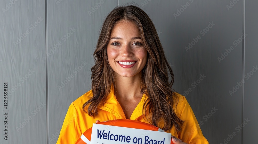 Smiling woman welcomes aboard, life preserver, grey background, safety