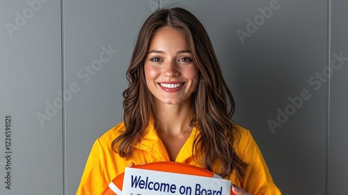 Obraz na płótnie Smiling woman welcomes aboard, life preserver, grey background, safety w salonie