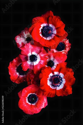 Crimson Anemone Bloom, A close-up photograph of a cluster of vibrant red anemones with contrasting black centers, isolated against a dark background. photo