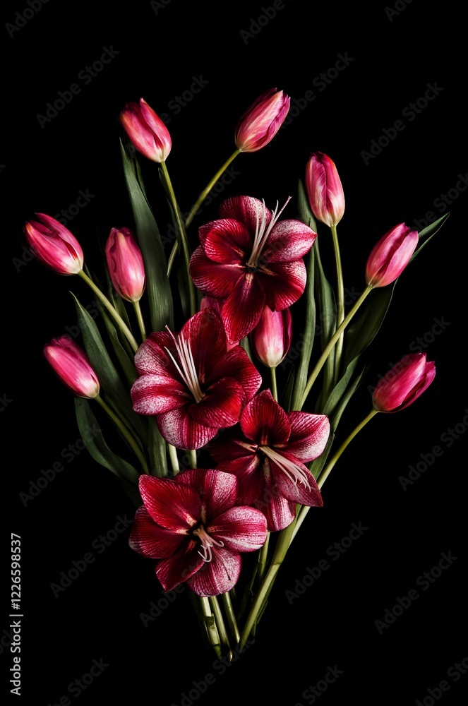 A close-up photograph of a vibrant cluster of deep red tulips and amaryllis flowers, creating a striking display against a dark background. A close-up photograph of a vibrant cluster of deep red tulips and amaryllis flowers, creating a striking display against a dark background.