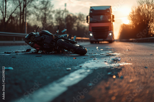 A truck jackknifed on a highway with a motorcycle wreck nearby photo