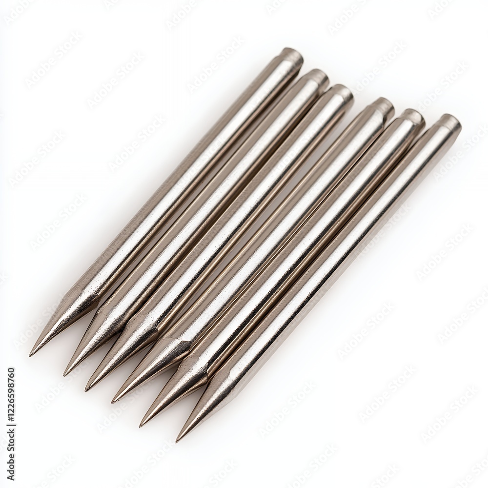 Five Silver Metallic Pointed Rods Arranged on White Background: Detailed Close-up Product Photography Five Silver Metallic Pointed Rods Arranged on White Background: Detailed Close-up Product Photography
