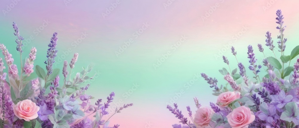 Obraz premium A soft pastel aesthetic background with gentle gradients of pink, lavender, and mint green, adorned with subtle floral patterns and a dreamy, ethereal glow